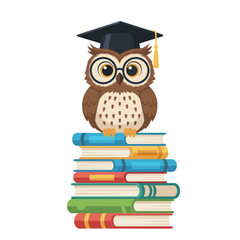 Wise Owl Wearing Graduation Cap and Glasses Sitting on Stack of Colorful Books Representing Knowledge and Education