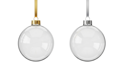 Realistic Transparent Glass Christmas Ornament Mockup with Gold and Silver Cap on White Background