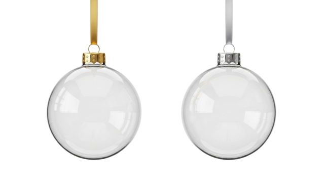 Realistic Transparent Glass Christmas Ornament Mockup with Gold and Silver Cap on White Background