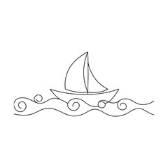 Simple sailboat on wavy water line art sailing ocean