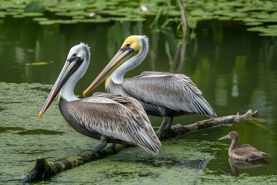 Three pelicans and a duckling on a branch in water