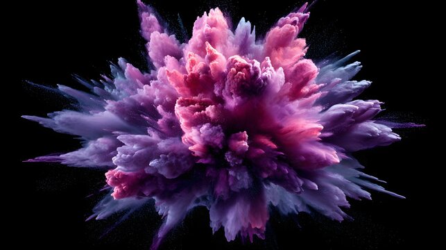 Brilliant magenta and violet colored pigment cloud expands dynamically against a solid dark background