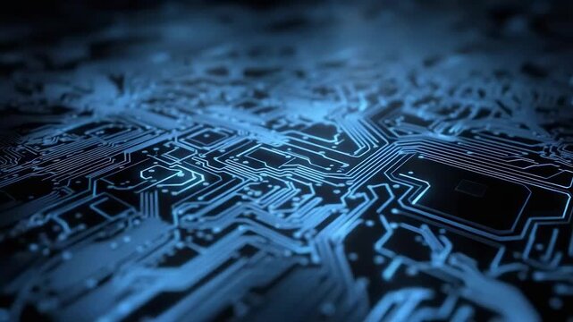 Close-up of a blue printed circuit board with intricate circuitry.