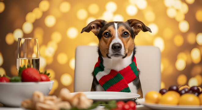 Adorable dog near Christmas dinner table, cozy and natural festive setting. - Powered by Adobe