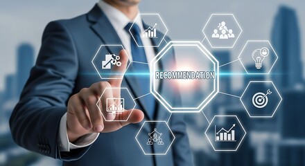 Businessman interacting with a digital interface showing business concepts