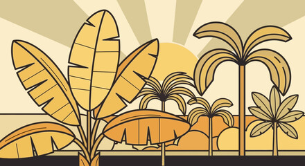 Stylized tropical plants and sunshine background in sepia vector format
