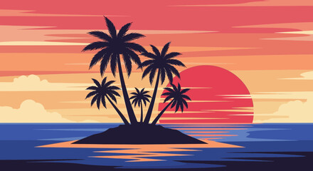 Obraz premium Tranquil tropical island paradise at sunset with silhouetted palm trees