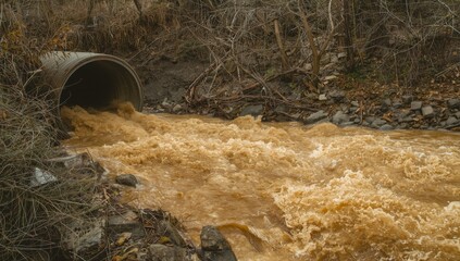 Obraz premium A concrete pipe discharges polluted water into a river, causing environmental contamination