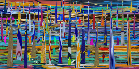 DREAM N°114 – The Forest of Colors. Surreal and conceptual artwork representing a fantastic forest made of tall, colorful pillars and small human silhouettes wandering among them.