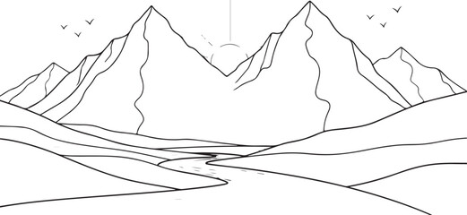 Minimalist Line Art of a Mountain Landscape with a Winding River and Rising Sun