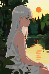 The girl gazes at the scenery by the water.