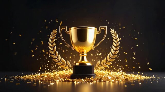 Luxury Golden Trophy Laurel Wreath Winner Background　優勝や勝利のイメージ　豪華な金色トロフィーと月桂冠の背景　シームレスループ動画