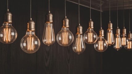 Vintage light bulbs hanging from the ceiling in a row for decoration