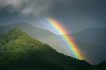 Vibrant rainbow arches over lush green mountains