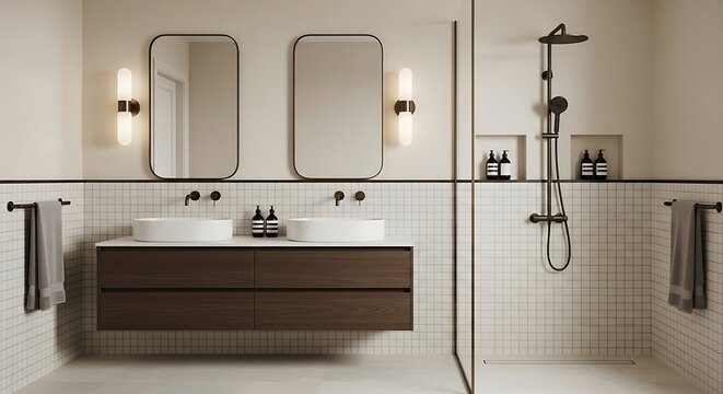 Modern bathroom design with double vanity and walk-in shower.