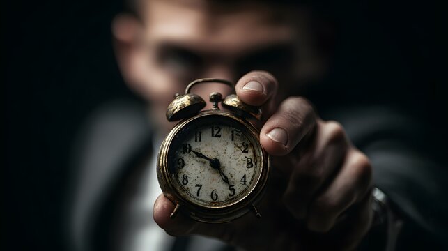 Man in dark attire intensely presents a vintage alarm clock directly towards the viewer - Powered by Adobe