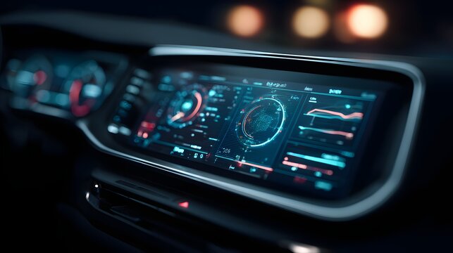 Modern automobile dashboard features glowing digital displays illustrating complex data and performance metrics