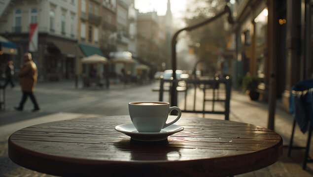 Enjoying a fresh cup of coffee on a rustic wooden table at a sidewalk cafe, with a beautifully blurred European city street in the background