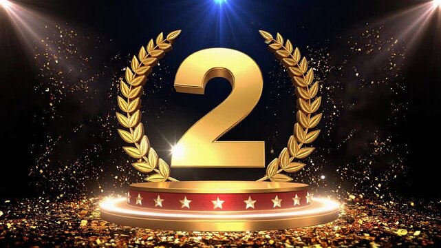 Golden Number 2 Award Podium Loop Background　2位や2周年イメージ　金色の月桂冠と数字の2、台座が回転するシームレスループ背景動画