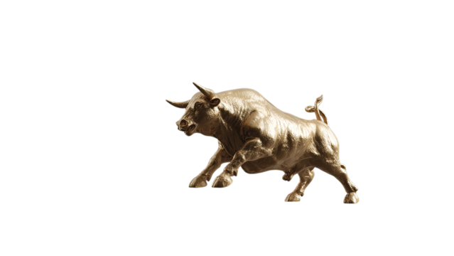 A powerful golden bull in mid-gallop, symbolizing strength and determination on a transparent background.