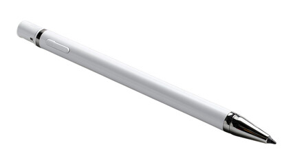 A sleek white pen with chrome accents, lying on a reflective surface, perfect for a minimalist workspace on a transparent background.