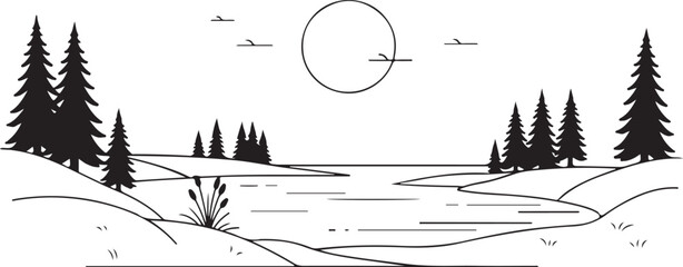Monochrome Vector Illustration of a Serene Natural Landscape with Evergreen Trees and a Calm Lake