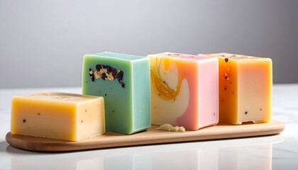 Assortment of handmade, colorful soaps displayed on a wooden platter
