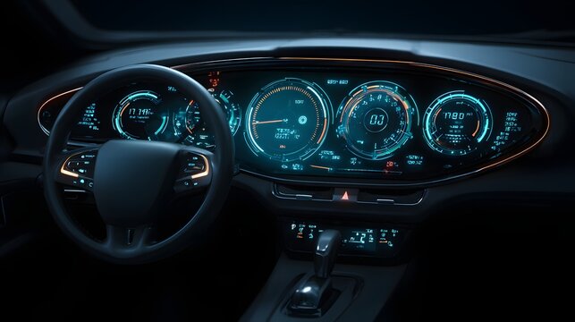 Modern vehicle dashboard displays illuminated with futuristic cyan digital interfaces at night - Powered by Adobe