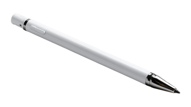 A sleek white pen with chrome accents, lying on a reflective surface, perfect for a minimalist workspace on a transparent background. - Powered by Adobe