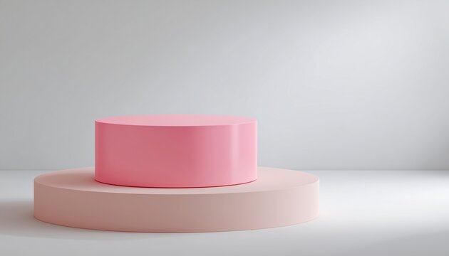 Modern Presentation Space With Pink Cylindrical Platform On Pale Background For Realistic Product Photo Mockups And Digital Advertising.