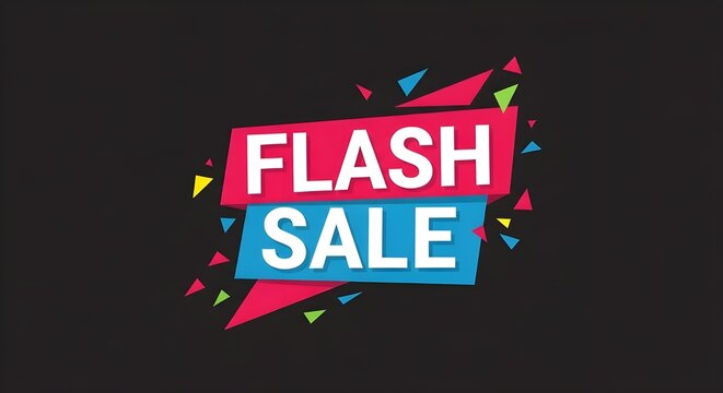 Bold “FLASH SALE” graphic with dynamic red and blue text on a black backdrop, surrounded by vibrant geometric shapes — perfect for driving urgency and excitement in limited-time promotional campaigns.