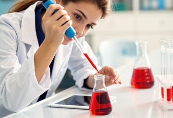 Fototapeta premium Scientist using a pipette to transfer red liquid into a flask in the lab