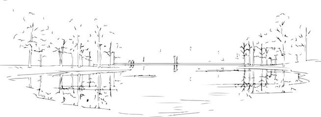 Serene Lake Landscape Sketch with Bridge and Tree Reflections