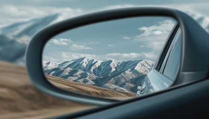 Fototapeta premium Breathtaking Mountain Scenery Reflected In The Car'S Rearview Mirror During A Personal Car Journey. Enjoy The Views While Traveling.