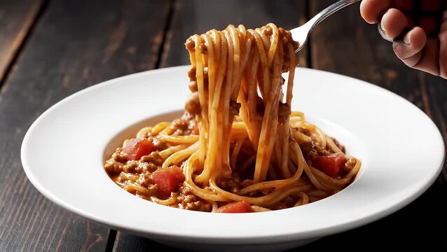 Delicious spaghetti bolognese with a rich meat sauce being lifted from a white plate with a fork