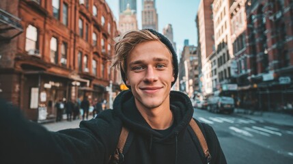 a casual selfie of a handsome 20 years old blond man influencer. Background is new york city streets and buildings. His face is smiling
