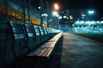 Obraz premium A dimly lit stadium bench row, empty and awaiting spectators, captures the ambiance of a quiet night at a sports field.