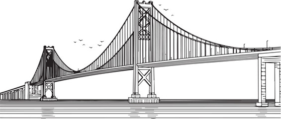 Detailed Monochrome Line Art Illustration of a Large Suspension Bridge