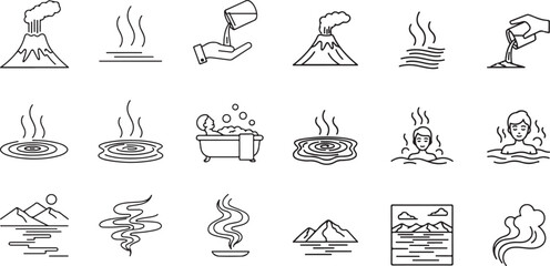 Hot Spring, Volcanic, and Bathing Outline Icons.  Spa, relaxation, natural phenomena, and wellness graphics