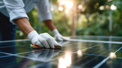 Person cleaning solar panel with cloth in outdoor solar installation at sunrise, maintenance worker wearing gloves