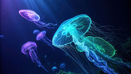 Obraz premium Bioluminescent Jellyfish Swarm Underwater