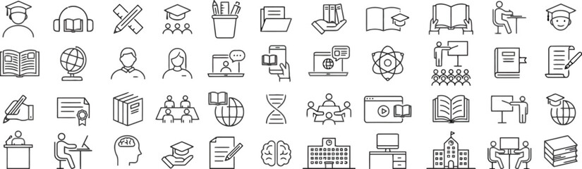 education, learning, school, university, knowledge, icons, symbols, set, collection, science, atom, book, graduation cap, globe, headphones, pencil, pen, paper, laptop, video, brain, teacher, student,
