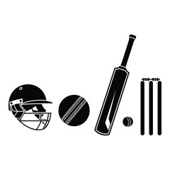 Cricket equipment silhouettes isolated on transparent background, Vector