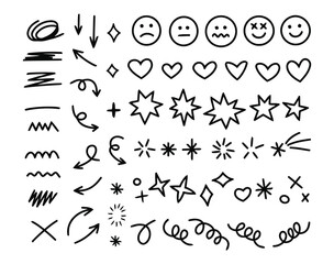 doodle, hand drawn, sketch, illustration, icon, symbol, shape, line, arrow, heart, star, circle, scribble, zigzag, wavy, explosion, speech bubble, smiley, sad, confused, happy, cross, mark, collection