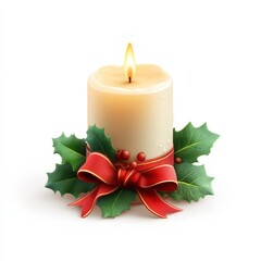 A candle with a red ribbon on top of a white background