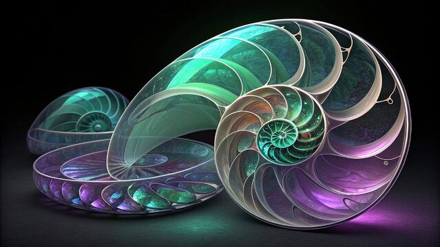Vibrant Nautilus Shell Geometry, Iridescent Spiral Design