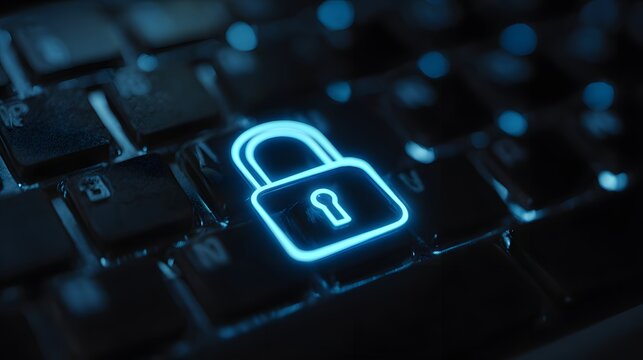 Glowing digital padlock icon illuminates dark computer keyboard in close up