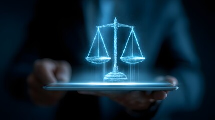Digital holographic scales of justice materialize above a handheld electronic device held by a person in dark attire