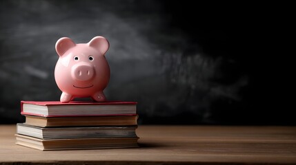 Ceramic savings container rests atop a stack of academic textbooks against a dark background