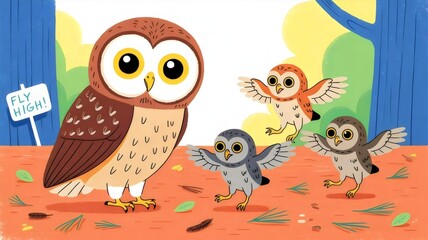 Naklejka premium Owl and owlets learning to fly in forest – Ideal for education or family illustration concepts